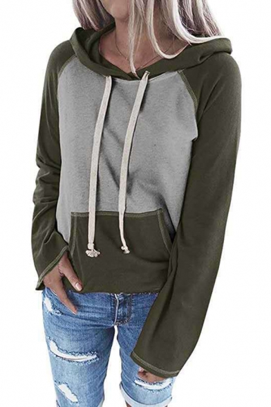 Casual Girls Hoodie Contrasted Patched Long Sleeve Drawstring Kangaroo Pocket Relaxed Hoodie