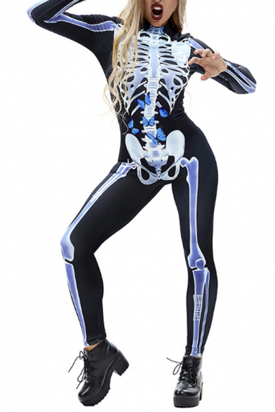 Chic Girls Jumpsuit Skeleton Printed Long Sleeve Mock Neck Ankle Skinny Jumpsuit
