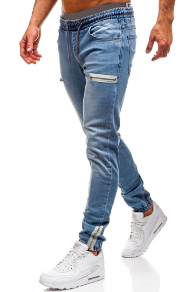 Fancy Men's Jeans Faded Wash Zip Detail Drawstring Elastic Waist Long Banded Cuffs Long Straight Jeans