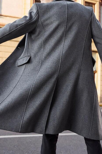 Fancy Men's Woolen Coat Solid Color Flap Pocket Button-down Notched Lapel Collar Long Sleeves Knee Length Woolen Coat