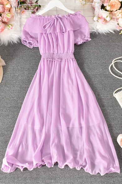Fancy Women's Blouse Dress Solid Color Pleated Detail Drawstring Front Ruffle Hem Short Sleeve off the Shoulder Midi Blouse Dress