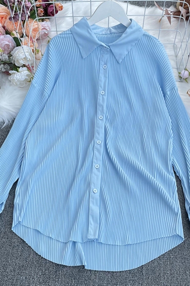 Fancy Women's Shirt Blouse Solid Color Button Fly Point Collar Long Sleeves Relaxed Fit Shirt Blouse