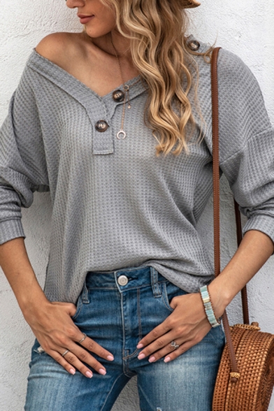 Fancy Women's Sweatshirt Solid Color Button Front Long Sleeves Regular Fitted Sweatshirt