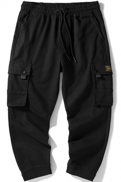 Fashionable Men's Pants Solid Color Flap Pocket Drawstring Elastic Waist Ankle Length Tapered Pants