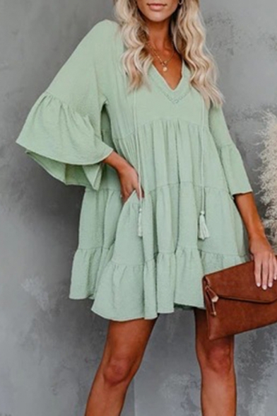 Leisure Women's Swing Dress Tiered Solid Color Drawstring Front Tassel Detail Half Sleeves Relaxed Fit Swing Dress