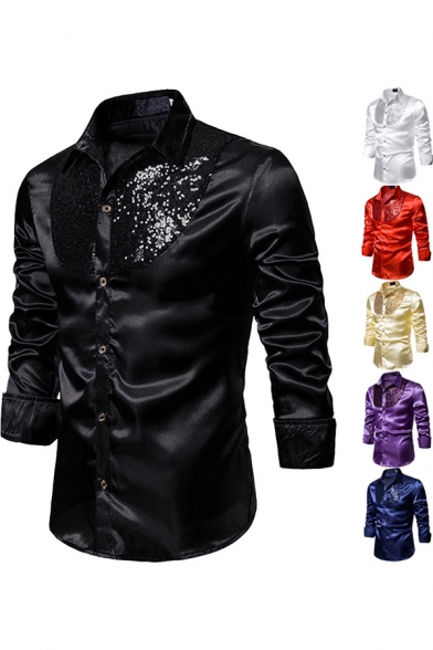 Mens Party Shirt Sequins Decoration Plain Long Sleeve Spread Collar Button Up Slim Shirt Top