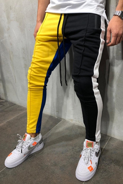 Mens Popular Pants Drawstring Waist Colorblock Ankle Fitted Pants