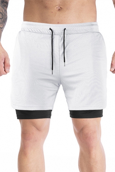 Mens Running Shorts Plain Fake Two Piece Drawstring Waist Fitted Shorts