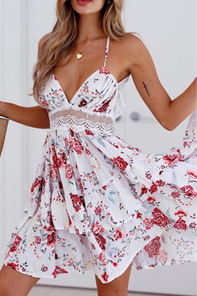 Pretty Womens Dress Allover Floral Print Halter Backless Lace Trim Bi-layered Short Pleated Cami Dress in Red