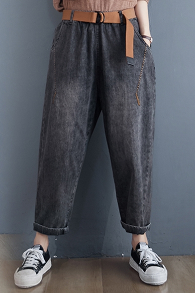 Retro Women's Jeans Faded Wash Elastic Waist Pocket Design Ankle Length Tapered Denim Jeans