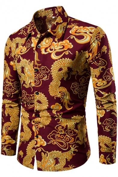 Street Mens Shirt Dragon Pattern Long Sleeve Spread Collar Button-up Slim Fit Shirt Top