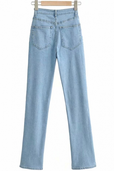 Stylish Women's Jeans Faded Wash Zip Fly Mid Waist Long Straight Denim Jeans