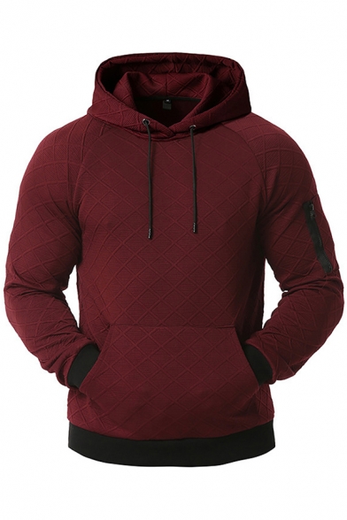 Trendy Men's Hoodie Quilted Kangaroo Pocket Contrast Trim Front Pocket Long Sleeves Regular Fitted Drawstring Hooded Sweatshirt
