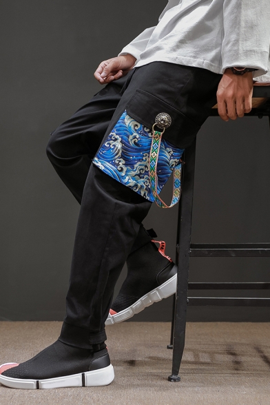 Trendy Men's Pants Contrast Panel Sea Wave Print Flap Pocket Ankle Length Tapered Pants
