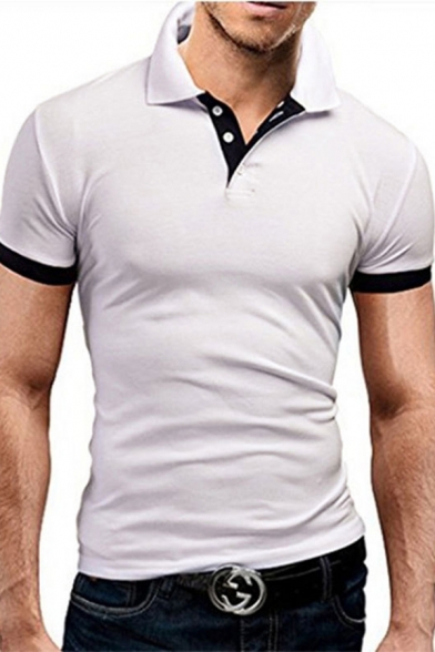 Trendy Men's Polo Shirt Contrast Trim Button Detail Turn-down Collar Short Sleeves Slim Fitted Polo Shirt
