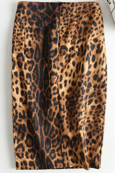 Unique Women's Skirt Tiger Skin Pattern Split Hem Invisible Zip High Waist Long Tube Skirt