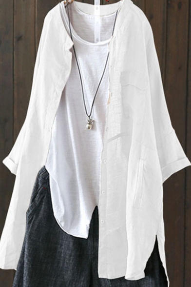 Vintage Girls Shirt Linen and Cotton Long Sleeve Button Up Slit Sides Tunic Relaxed Shirt Top