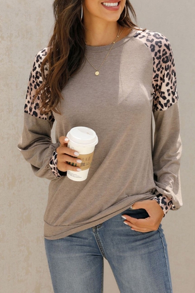 All-Match Women's Tee Top Leopard Pattern Round Neck Raglan Long Sleeves Regular Fitted T-Shirt