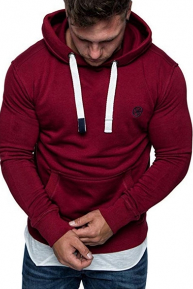 Basic Men's Hoodie Icon Embroidered Front Pocket Long Sleeves Regular Fitted Hooded Sweatshirt