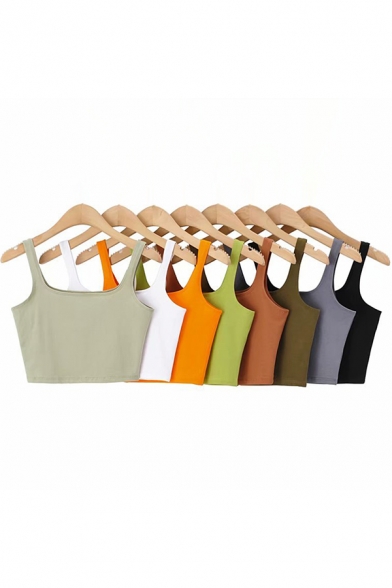 Basic Women's Cami Top Plain Square Neck Sleeveless Slim Fitted Crop Top