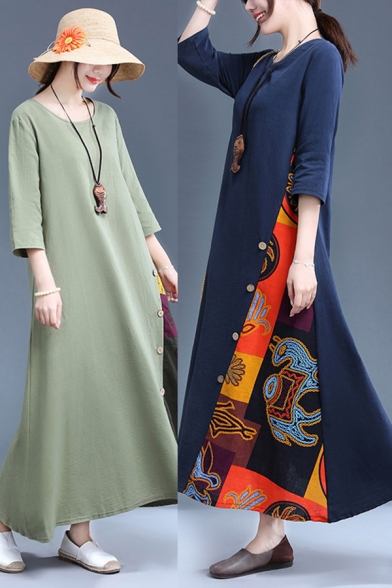Casual Womens Dress Cartoon Print Patched Long Sleeve Round Neck Maxi A-line T Shirt Dress