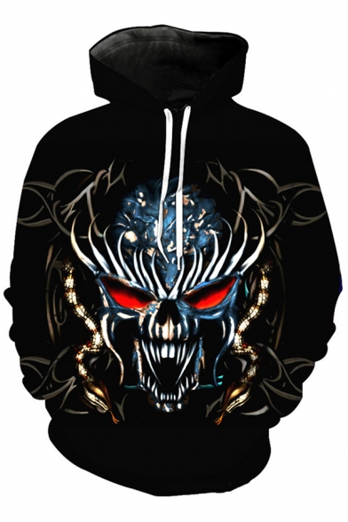 Cozy Men's Hoodie Skull Digital 3D Pattern Pocket Long Sleeve Drawstring Hooded Sweatshirt