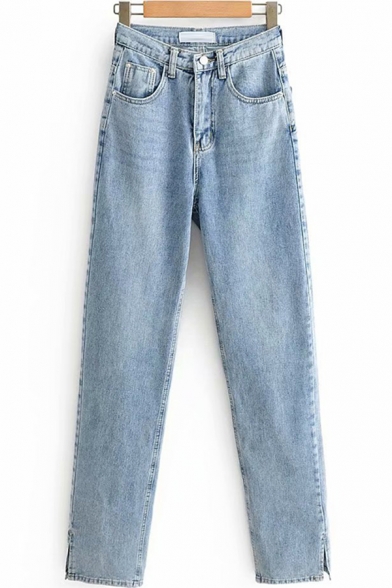 Creative Women's Jeans Pocket Design High Rise Split Hem Long Tapered Denim Jeans with Washing Effect