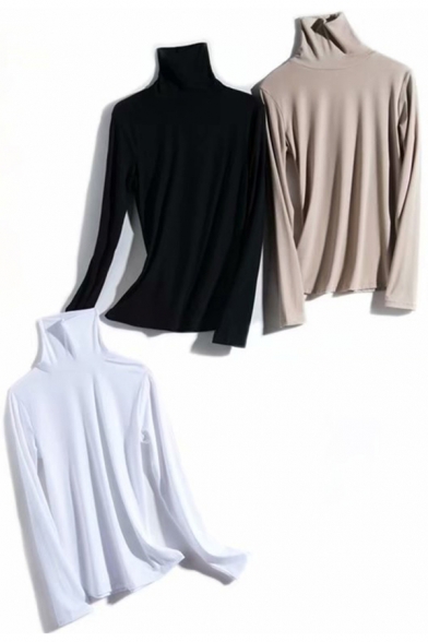 Elegant Women's Tee Top Solid Color High Neck Long Sleeves Bottoming T-Shirt