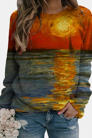 Fancy Girls Sweatshirt Sunset River 3D Printed Long Sleeve Crew Neck Relaxed Pullover Sweatshirt