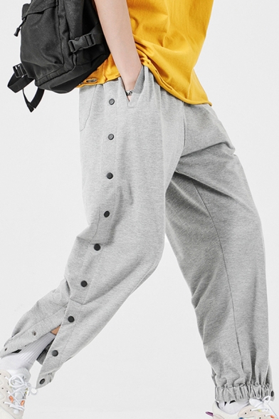 Fancy Men's Pants Button Design Banded Cuffs Ankle Length Mid Waist Pants