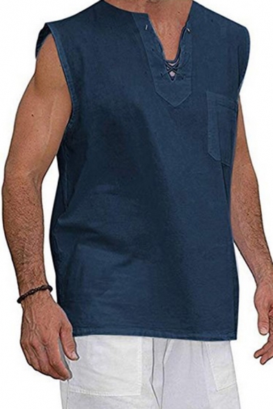 Fancy Men's Tank Top Solid Color Lace up Front Round Neck Sleeveless Relaxed Fit Tank Top