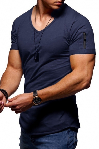 Fancy Men's Tee Top Heathered Zip Pocket Round Neck Short Sleeves Regular Fitted T-Shirt