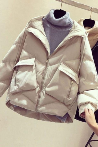 Fancy Women's Down Coat Plain Quilted Front Flap Pocket Zip Placket Long Sleeves Drawstring Hooded Coat
