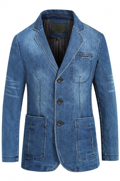 Fashion Men's Raw-Edge Notched Lapel Double Button Long Sleeve Blue Washed Denim Blazer Sport Jacket Suit