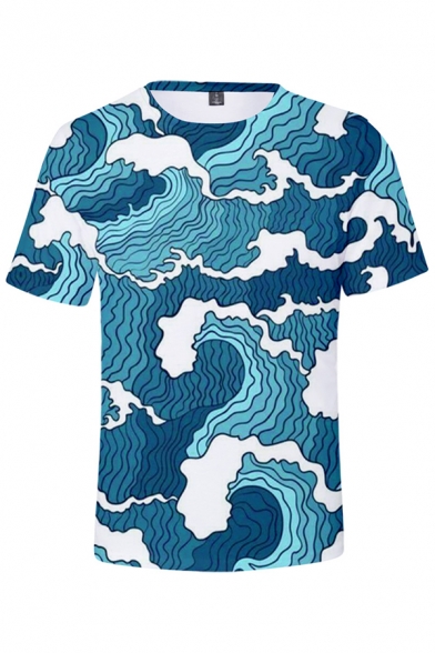 Fashion Ukiyo-e Style 3D Wave Printed Short Sleeve Leisure T-Shirt