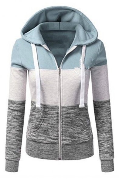 Hot Fashion Color Block Long Sleeves Zippered Hoodie with Pockets