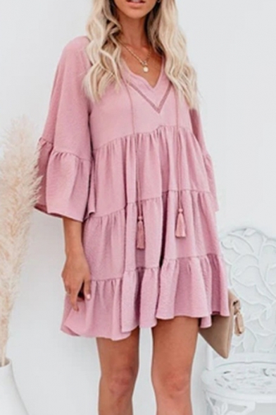 Leisure Women's Swing Dress Tiered Solid Color Drawstring Front Tassel Detail Half Sleeves Relaxed Fit Swing Dress