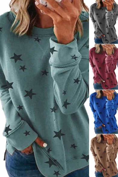 Leisure Women's Tee Top All over Star Print Round Neck Long Sleeves Regular Fitted T-Shirt