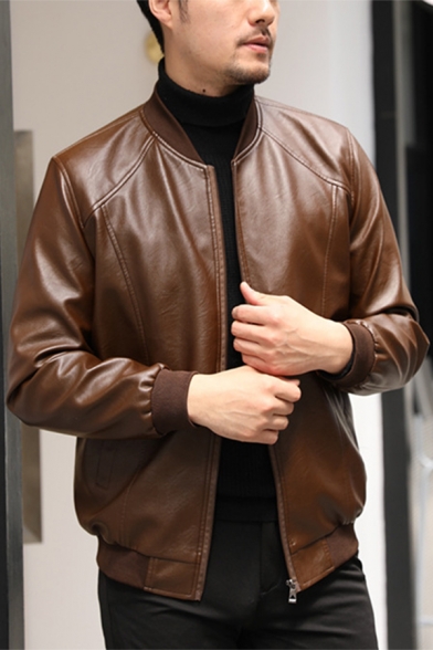 New Trendy Plain Long Sleeve Stand-Collar Zip Up Casual Leather Jacket For Men