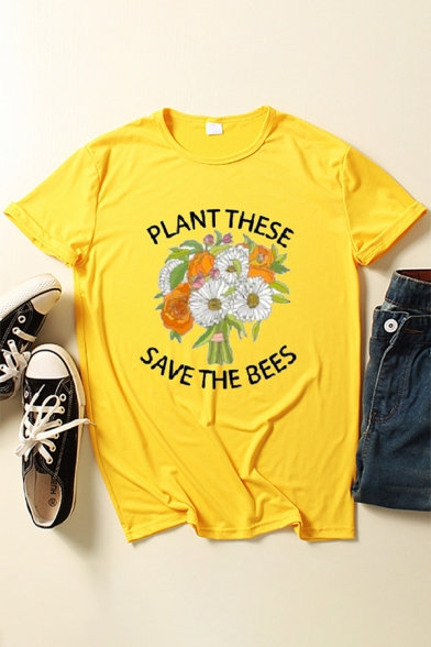 Preppy Girls Letter Plant These Save The Bees Flower Graphic Rolled Short Sleeve Crew Neck Fitted T-shirt