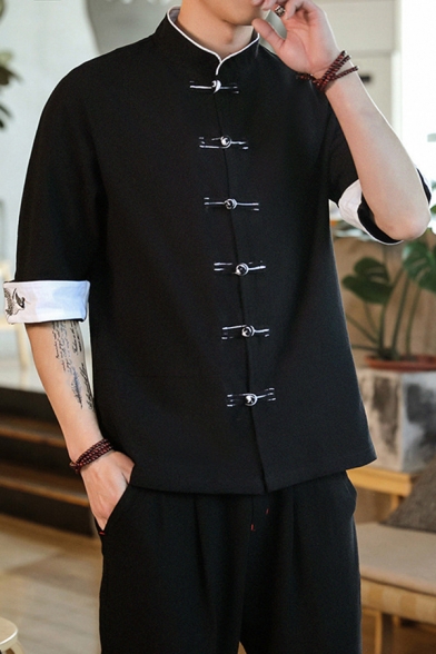 Stylish Men's Shirt Horn Button Closure Mock Neck Contrast Trim Crane Embroidered Half Sleeve Mock Neck Regular Fitted Shirt