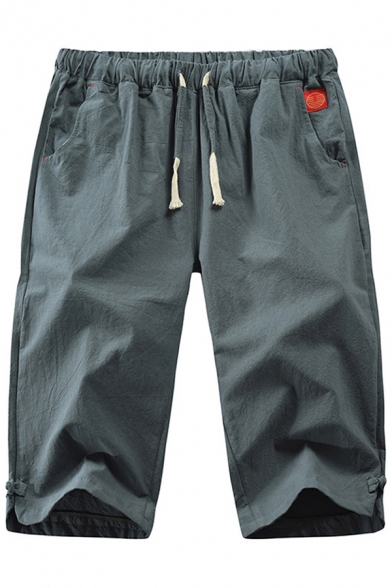 Stylish Men's Shorts Solid Color Pocket Elastic Drawstring Waist Split Hem Regular Fitted Shorts