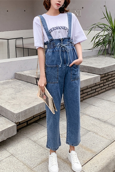 Trendy Girls' Street High Waist Bow Tied Stringy Selvedge Relaxed Ankle Straight Suspender Jeans in Blue