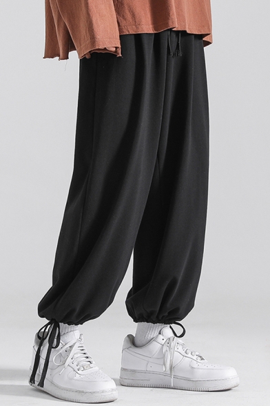 Trendy Men's Pants Plain Fleece Lined Brushed Drawstring Hem Side Pocket Ankle Length Pants