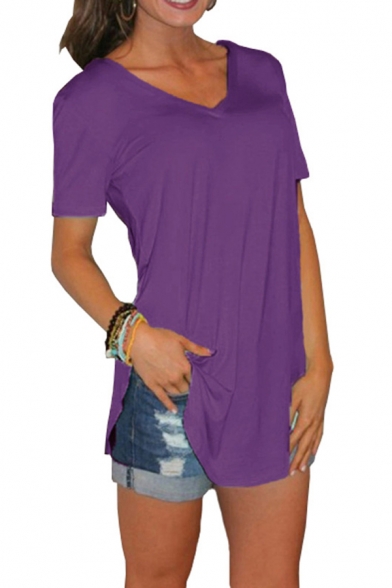 Trendy Women's Tee Top Solid Color V Neck Short Sleeves Split Hem Regular Fitted T-Shirt