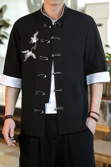 Unique Men's Shirt Horn Button Crane Embroidered Half Sleeve Regular Fitted Shirt