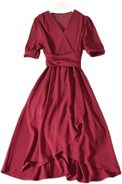 Unique Women's A-Line Dress Solid Color Wrap Front Short Sleeve with Waist Tie Asymmetrical Hem Long A-Line Dress