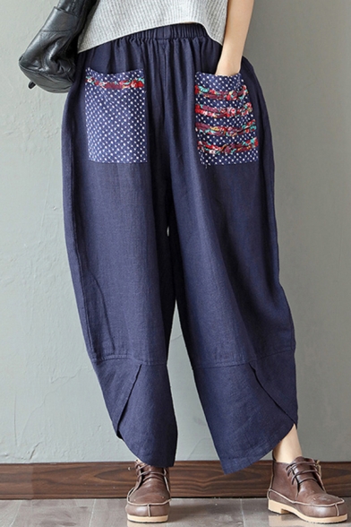Vintage Women's Pants Embroidered Elastic Waist Cotton and Linen Front Pocket Ankle Length Relaxed Fit Pants