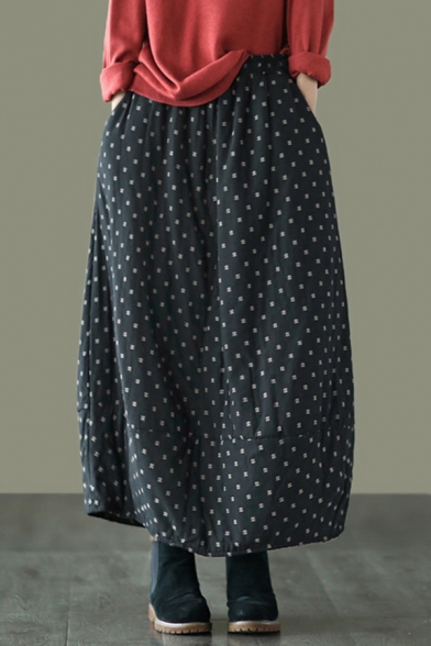 Womens Retro Skirt Embroidery Elastic Waist Long A-line Skirt