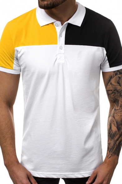 Casual Men's Polo Shirt Contrast Panel Color Block Button Detail Spread Collar Short Sleeves Regular Fitted Polo Shirt